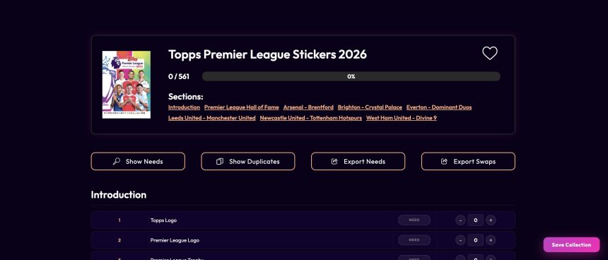 Cardzillo Topps Premier League Sticker Tracker Overview